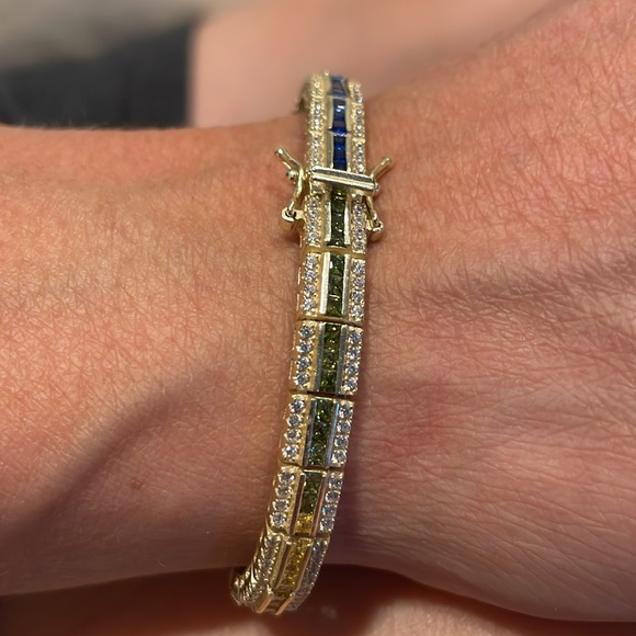 Multi color gems stones Sterling silver bracelet with yellow gold finish unisex - Picture 2 of 11